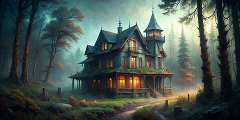 Obraz premium Foggy Forest Abandoned Haunted House - Vintage Style Digital Art
