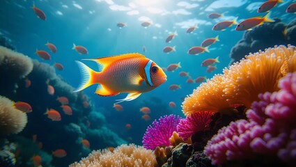 Fototapeta premium Vibrant Coral Reef with Colorful Fish and Coral