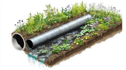 Water flowing through pipes in natural landscape