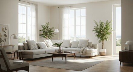 A modern, sunlit living room with minimalist furniture, large windows, and indoor plants, emphasizing clean lines and neutral tones