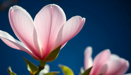 Fototapeta premium Delicate Pink Flower Blooming Against Bright Blue Sky