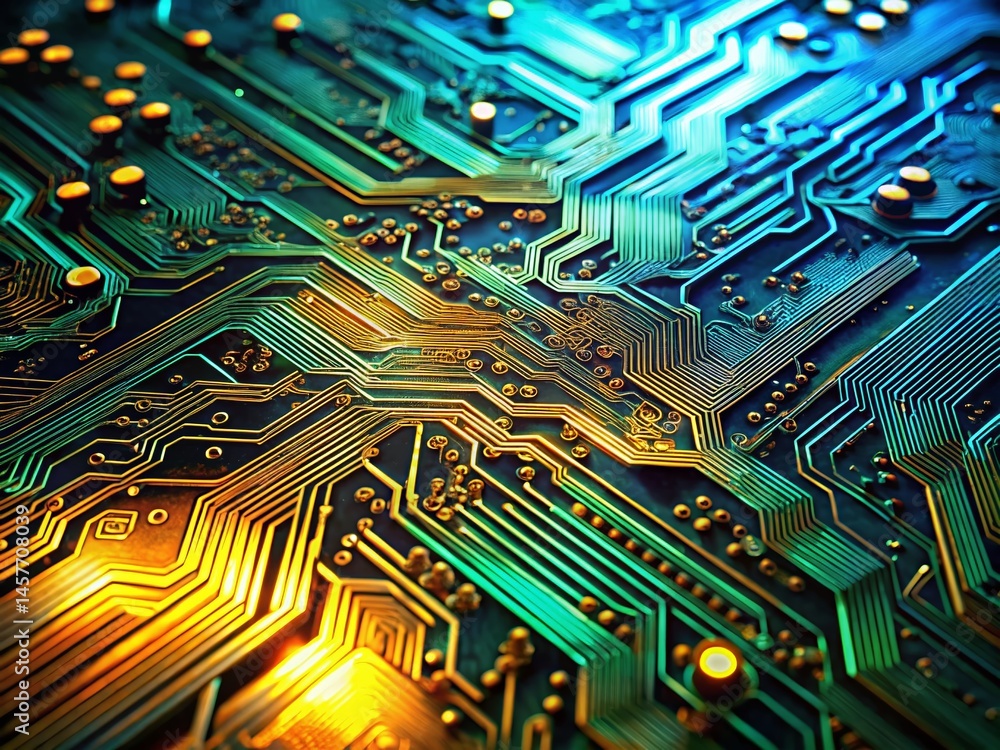 Poster futuristic circuit board texture: macro photography of electronic system communication lines