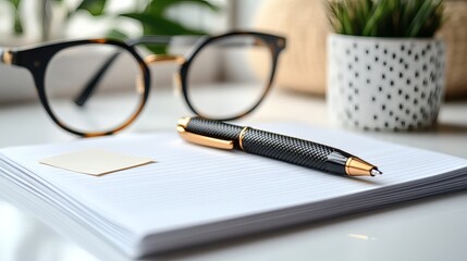 Fototapeta premium Elegant black and gold pen rests on a stack of white lined paper near glasses and potted plant on a transparent background, PNG image, PNG file.