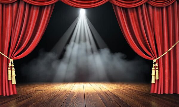 Red Velvet Stage Curtains With Spotlight and Wooden Floor