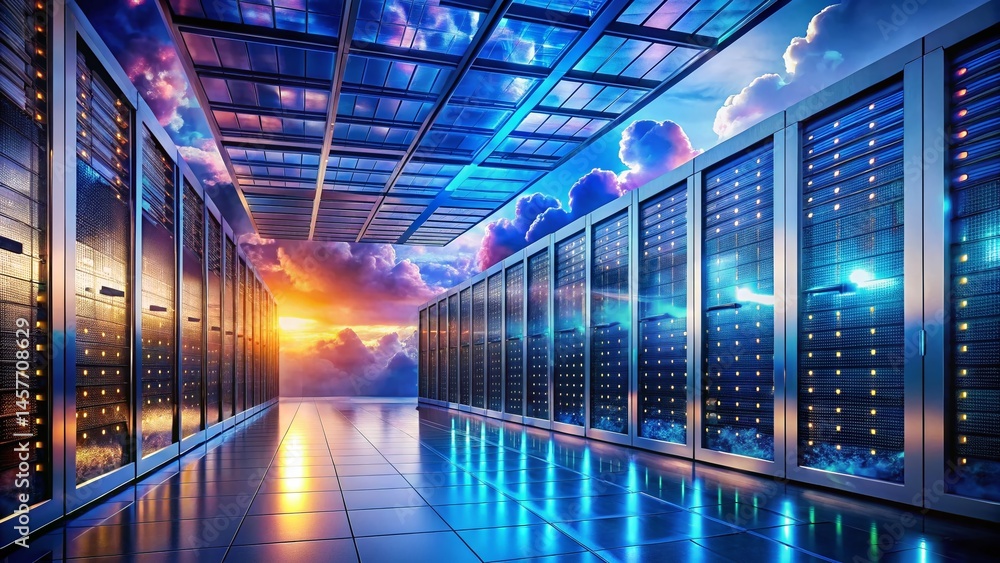 Poster futuristic data center architecture: cloud computing server room interior