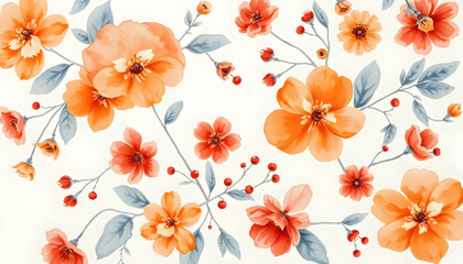 Fototapeta premium Eye-Catching Watercolor Floral Pattern Featuring Orange and Pink Flowers With Lush Green Leaves