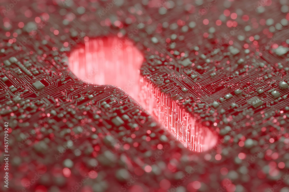 Poster a glowing keyhole shape stands out on a red digital circuit board, symbolizing cybersecurity and dat