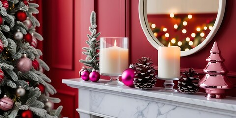 Festive Christmas interior with decorated tree, candle, and ornaments on a red wall background, showcasing holiday warmth, elegance, and seasonal home decor ambiance

