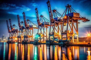 Fototapeta premium Futuristic Night Glowing Port Cranes - Industrial Cityscape Stock Photo