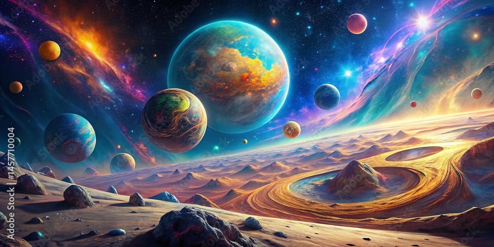Poster futuristic planet map: surreal space navigation cartography