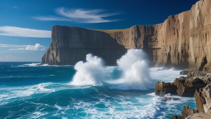 Fototapeta premium Coastal cliffs dramatically meet the forceful waves under a vibrant sky atmosphere