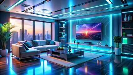 Fototapeta premium Futuristic Smart Home Living Room: Holographic AI Entertainment System & Voice Control