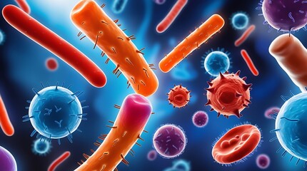 Highly detailed 3D illustration of microscopic bacteria and viruses in vibrant colors on a blue background, ideal for scientific, medical, or educational content and backdrops

