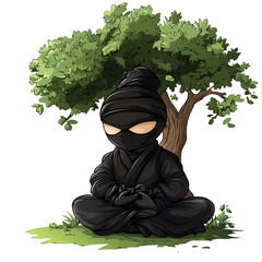 A Cartoon Ninja Meditating Under a Tree Isolated on Transparent Background