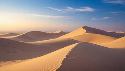Serene desert landscape featuring golden sand dunes under a clear blue sky at sunrise