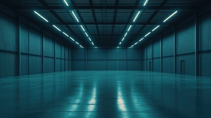 Empty industrial warehouse interior with teal lighting
