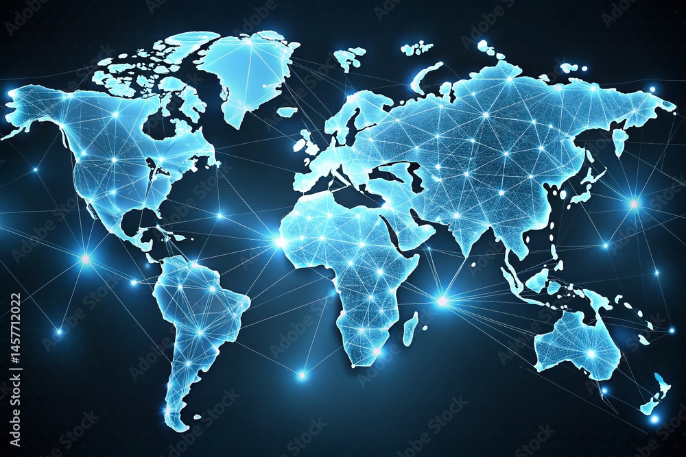 Poster global digital network: illuminated world map showing interconnected countries