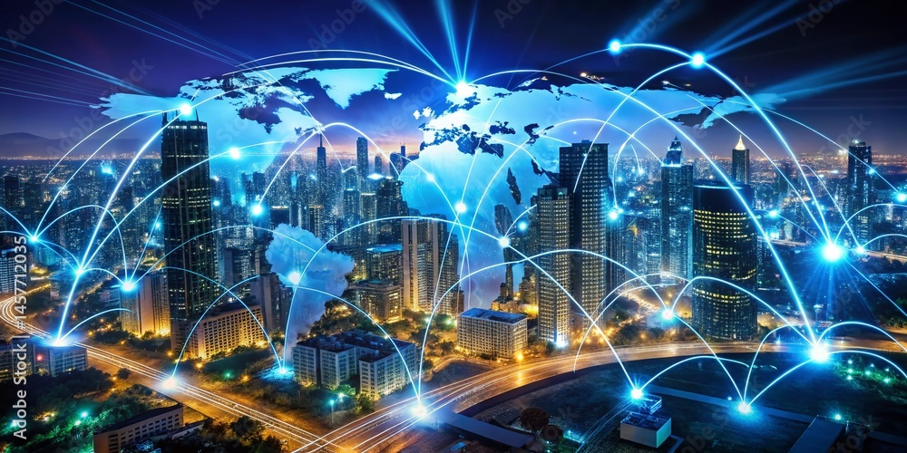 Poster global cloud computing network: aerial view of data transfer & virtualization across cities and cont