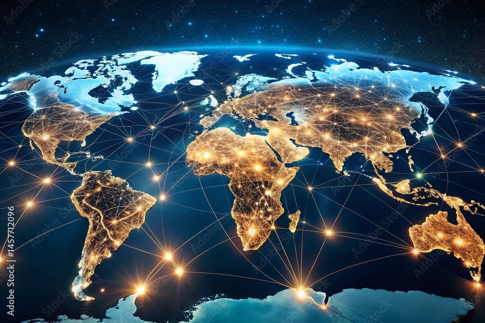 Poster global network connection: illuminated world map drone aerial view