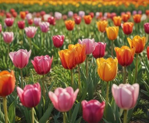 Obraz premium Close-up of colorful tulips in a sunny spring meadow , flowers, colorful