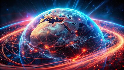Naklejka premium Global Network: Futuristic Earth Illuminated with Red and Blue Technology