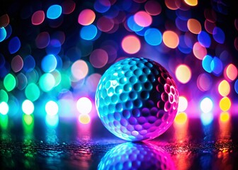 Glowing Neon Golf Ball in Dark Bokeh Background - Futuristic Night Golf Sport