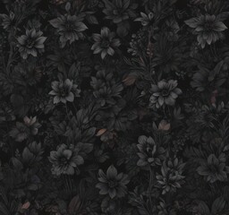 Abstract charcoal botanical wallpaper, dark seamless floral pattern,  modern,  home