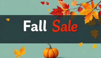Fall sale banner with autumn leaves and an orange pumpkin, cinematic. isolated with white highlights