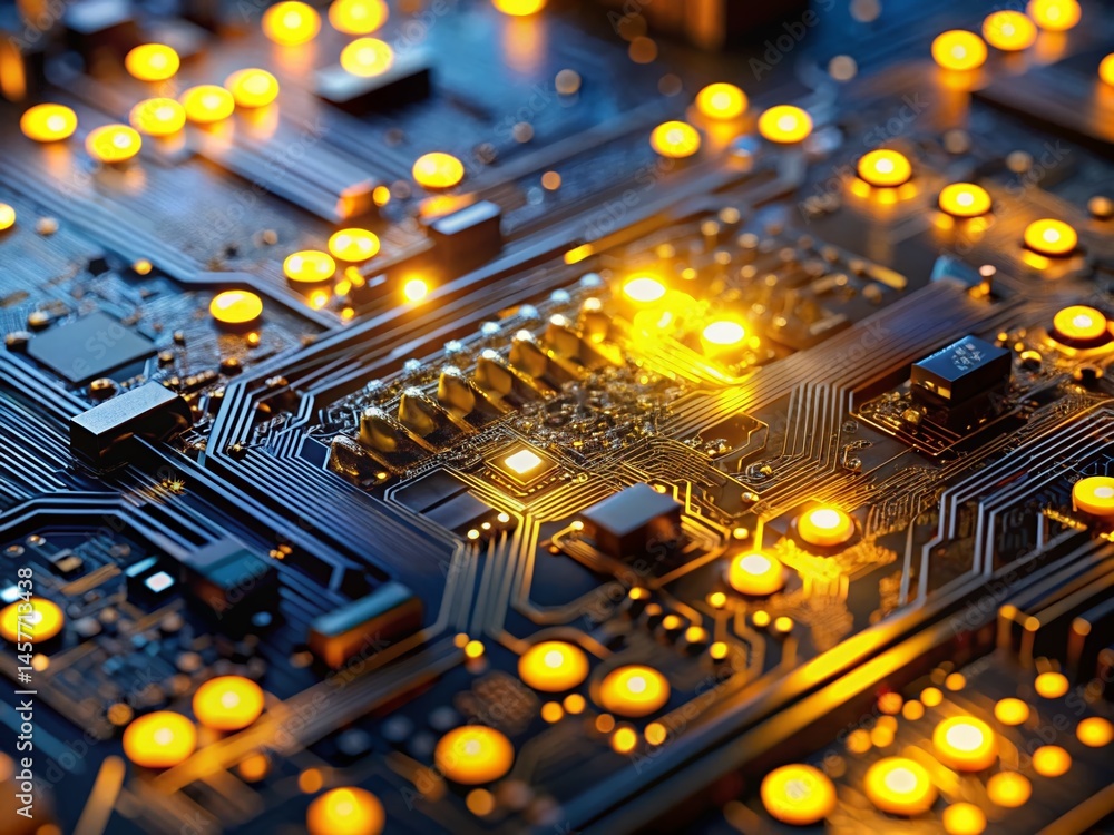 Poster glowing yellow computer circuit board - high-tech technology background
