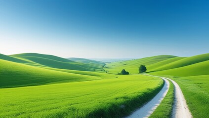 Serene landscape with undulating green hills under a clear blue expanse in countryside