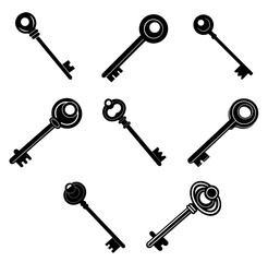 Key In Flat Line Style Rendered In Black And White Silhouette Vector