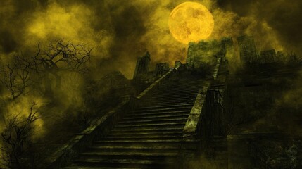 Mysterious castle stairway under yellow moon