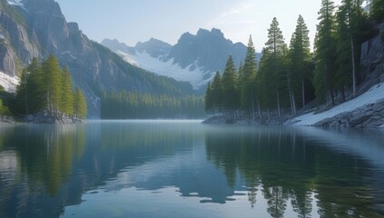 Spectacular tranquil lake mirroring mountain peaks and verdant forest under a pale blue sky