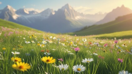 Idyllic alpine meadow blossoming with wildflowers under the warm sunlight