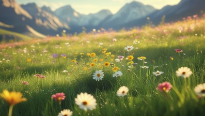 Obraz premium Idyllic meadow blossoms in mountainous landscape, painting a serene rural scene