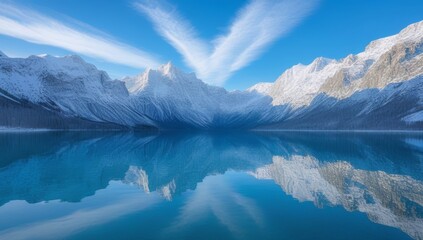 Naklejka premium Reflections on Tranquility Snow-Capped Mountains Mirroring in a Still Azure Lake