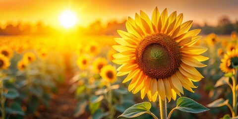 Obraz premium Golden Sunflower Field: Single Bloom in Sunlight, Copy Space