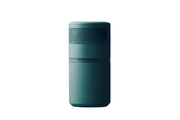 Cylindrical, muted-gray portable audio device with perforated speaker grille