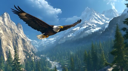 Majestic eagle soaring above a mountain valley.