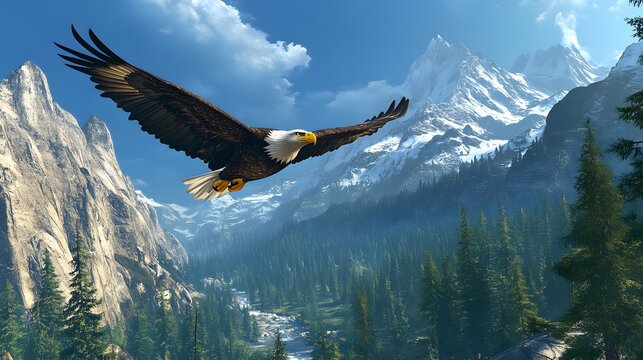 Majestic eagle soaring above a mountain valley.