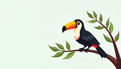 Toucan perched on branch against light green background
