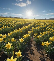 Fototapeta premium Expansive field of daffodils bathed in sunlight; clear blue sky overhead , flora, sunny, spring