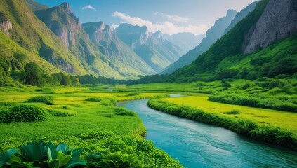 Lush valley landscape featuring a serene river with grass fields and towering peaks