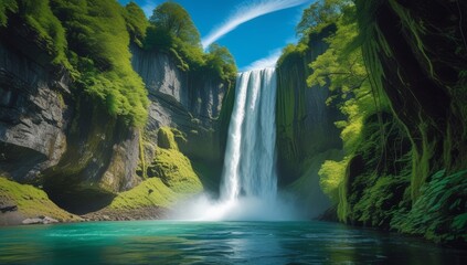 Fototapeta premium Majestic Waterfall Cascading into Teal Water, Surrounded by Lush Green Cliffs