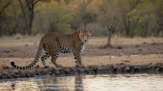 Female leopardess photographed in late afternoon at a waterhole in the Sabi Sands Safari Park, Kruger, South Africa.