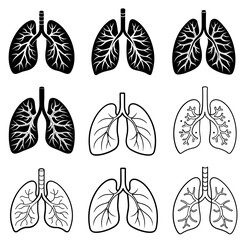 Set Of Lungs icon. Simple solid style. Human internal organ, lung, respiratory system, pulmonology concept. Black silhouette, glyph symbol. Vector illustration