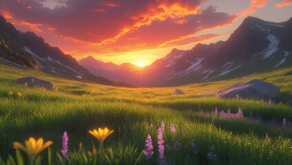 Picturesque mountain landscape reflecting sunlight during the golden hour, with lush meadows