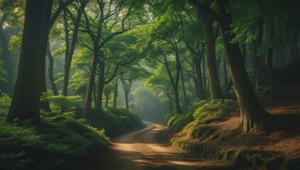 Obraz premium A tranquil forest path winds through a lush green landscape during the spring season