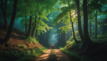 Obraz premium Mystical forest pathway with gentle sunlight filtering through lush green canopy