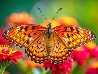 Obraz premium Gulf Fritillary Butterfly Portrait, Close-up of Agraulis vanillae on Flower